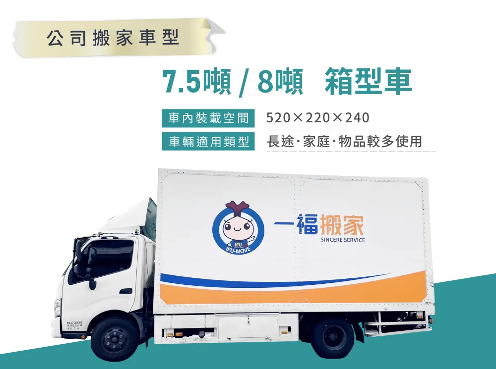 公司搬家推薦一福,7.5噸箱型車、8噸箱型車適合長途.家庭.物品較多者使用 公司搬家車型-台中公司搬家