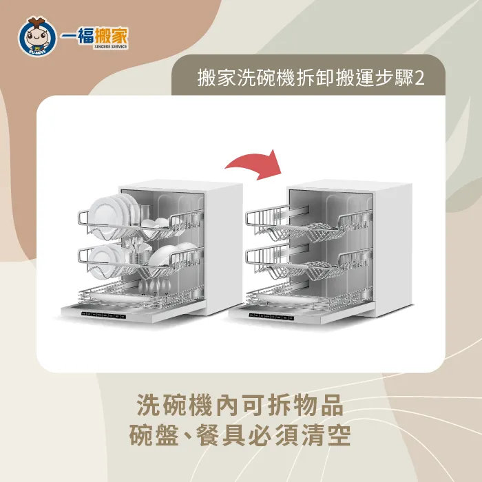 洗碗機內的物品必須清空,可以避免晃動時掉落損壞 清空物品-洗碗機 搬家