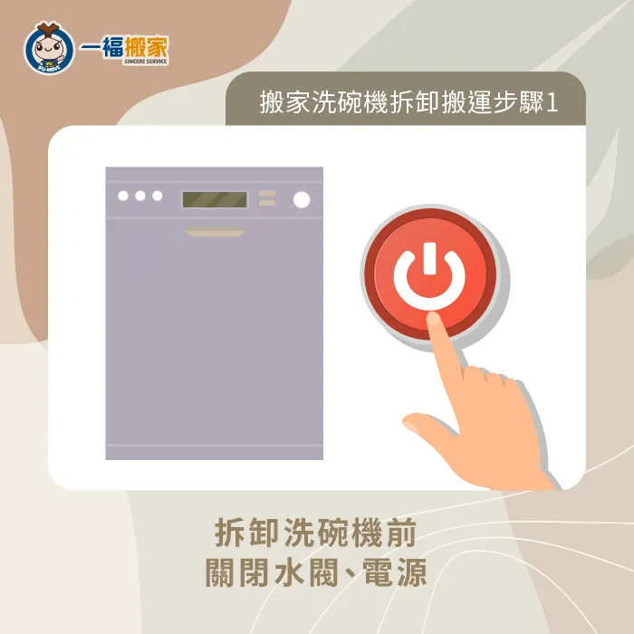 拆洗碗機時要先關閉電源跟水閥,避免發生危險 關閉電源-搬家 洗碗機