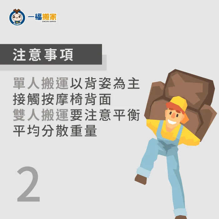 搬運按摩椅時,應衡量自身能力,並以正確姿勢抬起,以人員安全為第一考量! 搬運時要注意姿勢避免受傷-按摩椅搬家公司-南屯家具運送推薦