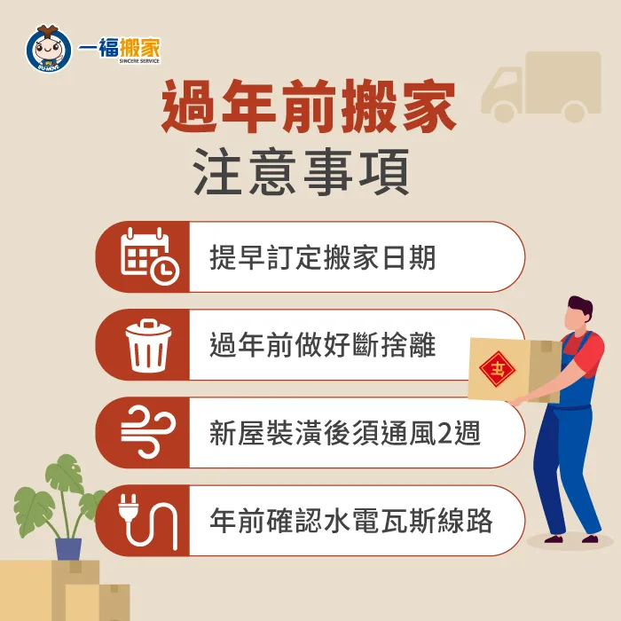 若是選在過年前搬家,也有4個需要注意的事項要留意唷! 過年前搬家4點注意事項-過年可以搬家嗎