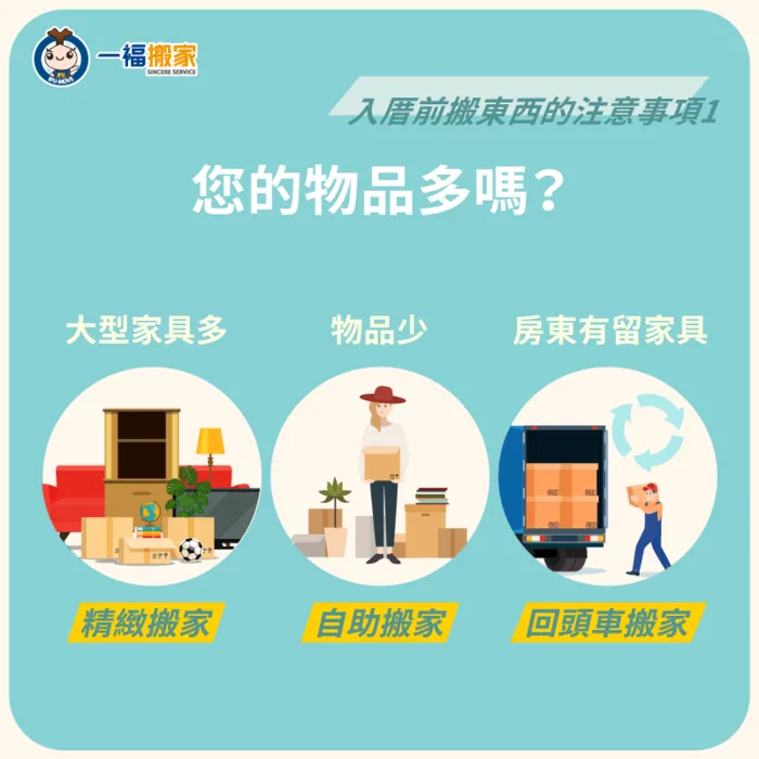 根據物品數量的多寡,可分別選擇精緻搬家、自助搬家或回頭車服務 從物品數量判斷入厝前搬東西的方式-入厝前可以先搬東西進去嗎