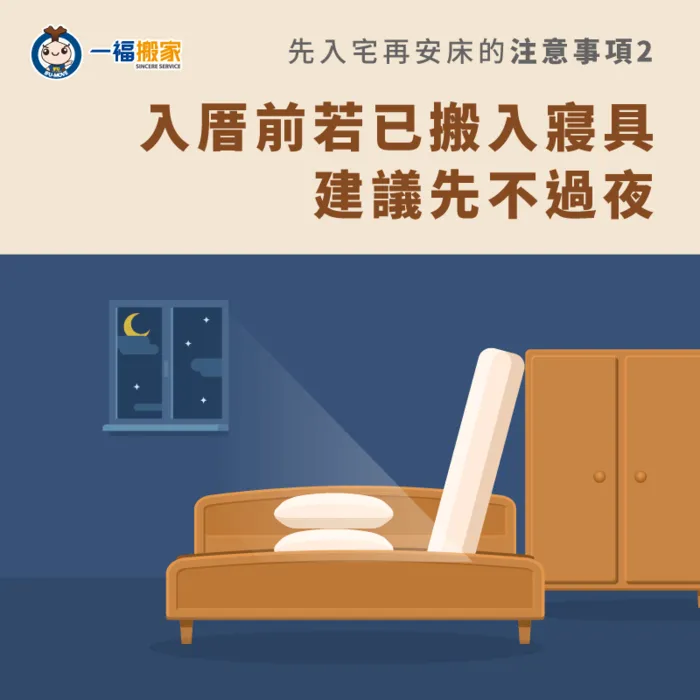 就算已將寢具搬入,以民俗學的角度來看,也不建議先在新家過夜喔! 入宅前建議不過夜-先入宅再安床