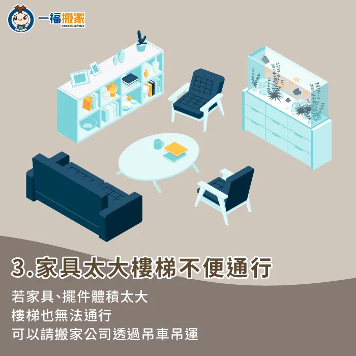如果家具物件體積龐大,無法透過樓梯搬運,建議請搬家公司安排吊車進行吊掛 家具體積不便透過樓梯通行-沒電梯 搬家