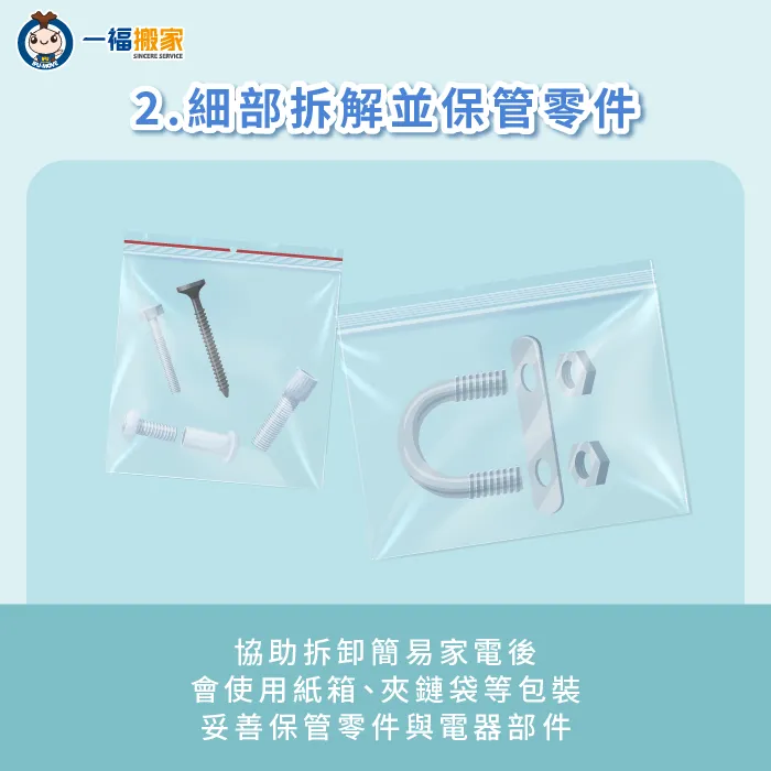 搬家師傅會評估哪些組件可拆卸,並妥善保管好各式零組件,以利後續的安裝與定位 拆卸家電組件並妥善保管-搬家公司 家電