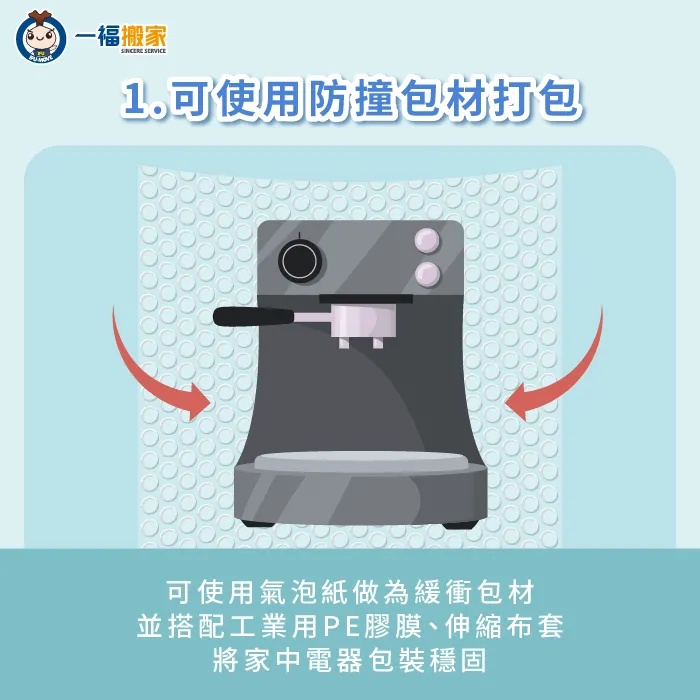搬家公司會使用氣泡袋將家電進行打包,並搭配選用其他緩衝包材,保護好家電安全 使用專業防撞包材裹住家電-搬家公司 電器