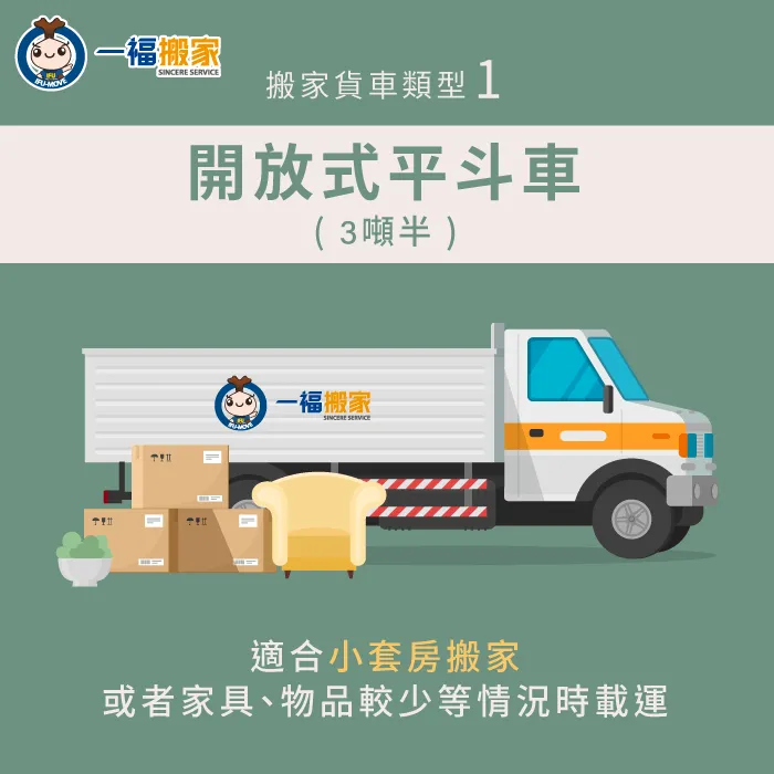 3噸半貨車是目前最主流的搬家貨車,有很多搬家公司均會配備此種貨車車型。 3.5噸開放式平斗車-搬家貨車