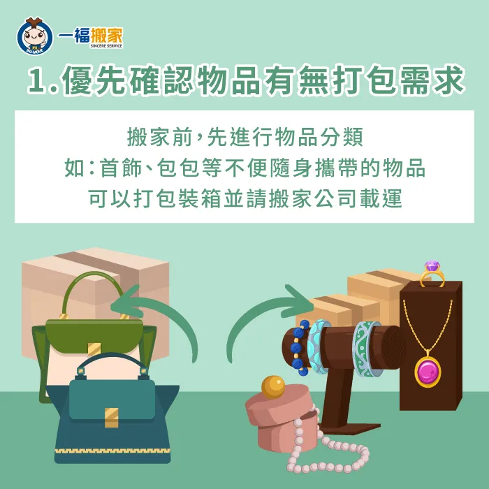 打包時,建議先進行簡單分類,將可隨身攜帶的物品找出來,其他物品則可直接打包裝箱 優先分類需打包的物品-搬家 貴重物品