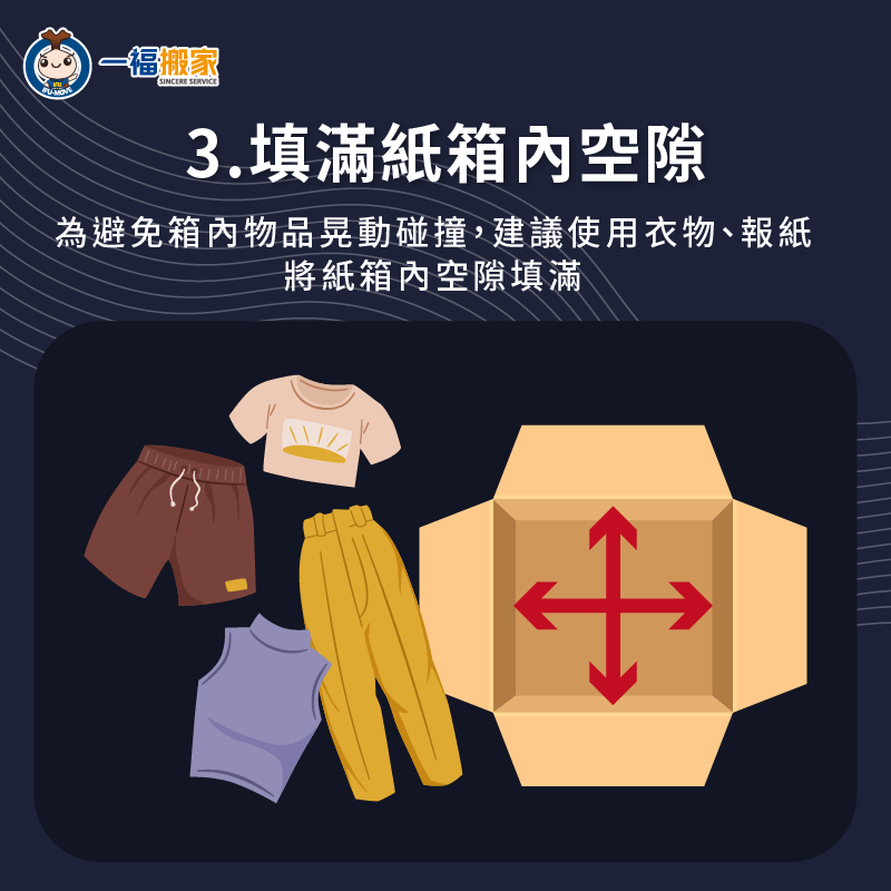 建議使用緩衝包材填滿紙箱空隙-搬家裝箱技巧