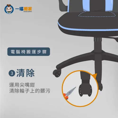 確認輪子是否有卡髒污,同時進行清潔與保養 確認輪子是否有髒汙-帶電腦椅搬家