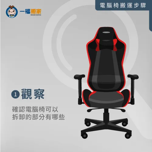 透過觀察,了解電腦椅可以拆卸的部分有哪些,同時進行拆卸順序規劃 觀察電腦椅可拆卸的部分-帶電腦椅搬家