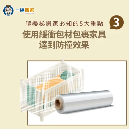 選擇搬家專用PE膠膜,1次達到防撞、防塵與防潮! 使用緩衝包材包裹家具防護-爬樓梯 搬家