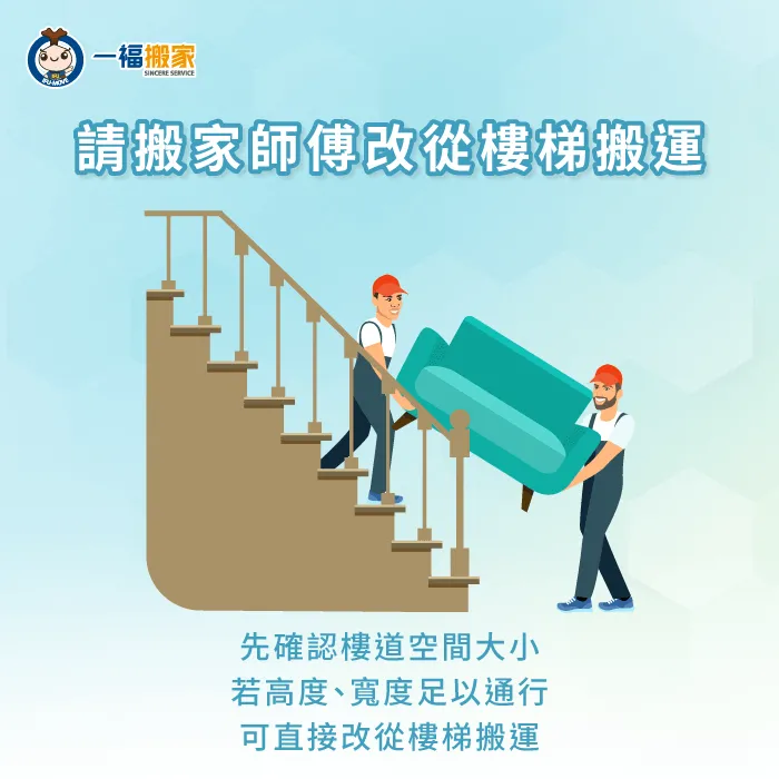 若家具進不去電梯,可以考慮透過樓道搬運,避免影響搬家時程 透過樓道空間搬運家具-搬家 電梯