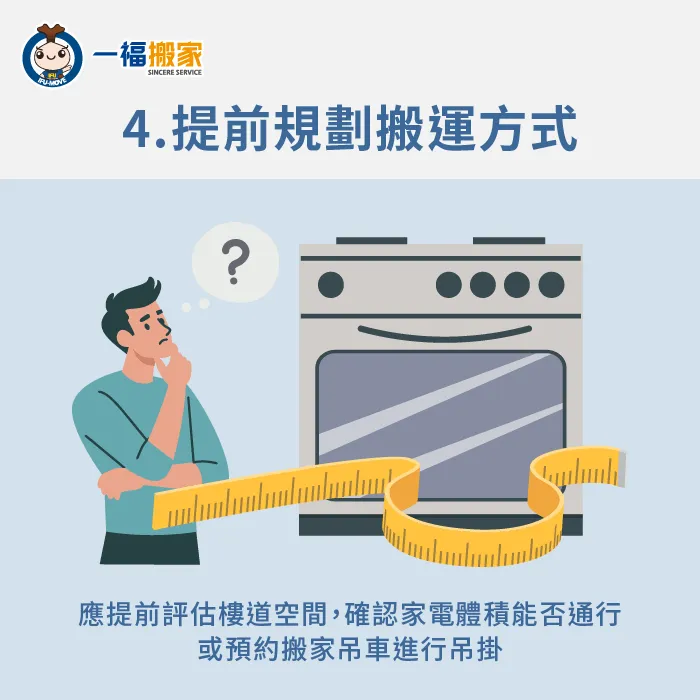 建議提前確認樓道空間大小與搬運動線,以利後續規劃合適的搬運方式 建議提前規劃搬運動線-大型 家電 搬運
