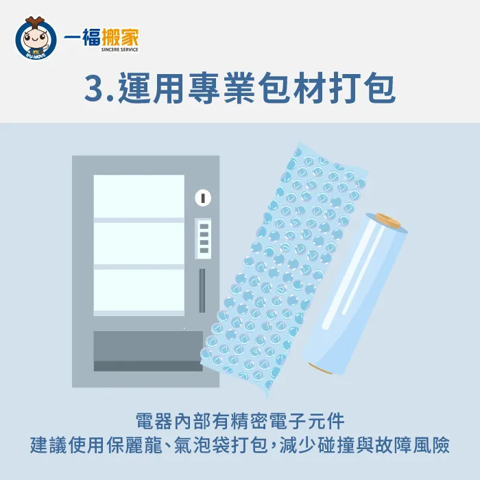 打包家電建議選用緩衝包材,如此才能有效減輕撞擊,避免家電受損 建議選用緩衝包材進行防護-大型 家電 搬家