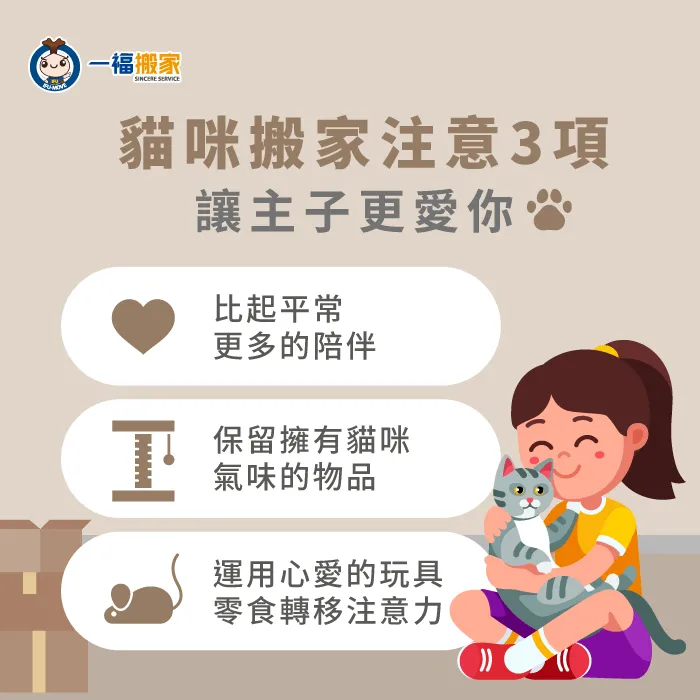 除了搬家前的前置作業,一福搬家更是提供各位3項帶貓搬家的注意事項唷! 帶貓咪搬家有3點注意事項-搬家貓咪一直叫怎麼辦