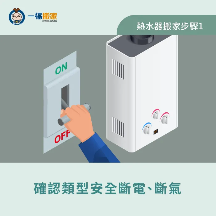 根據不同熱水器的類型,第一步進行斷電跟關掉氣體輸送 斷電斷氣-搬家 熱水器
