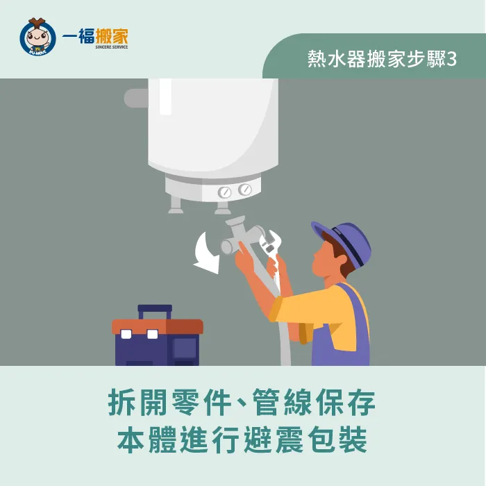 將零件拆下保存後,再將熱水器一起做防撞打包 包裝熱水器-搬家 熱水器