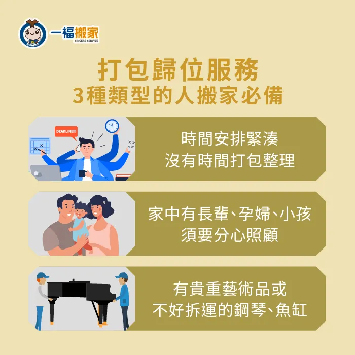 搬家打包歸位更適合哪些類型的人呢?這3種情況有其中一種都建議請搬家公司唷! 適合的類型-搬家打包 歸位