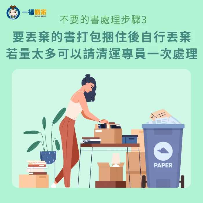 數量少的書即可自行回收,若舊書量大建議請專業人員搬運丟棄 打包丟棄-不要的書如何處理