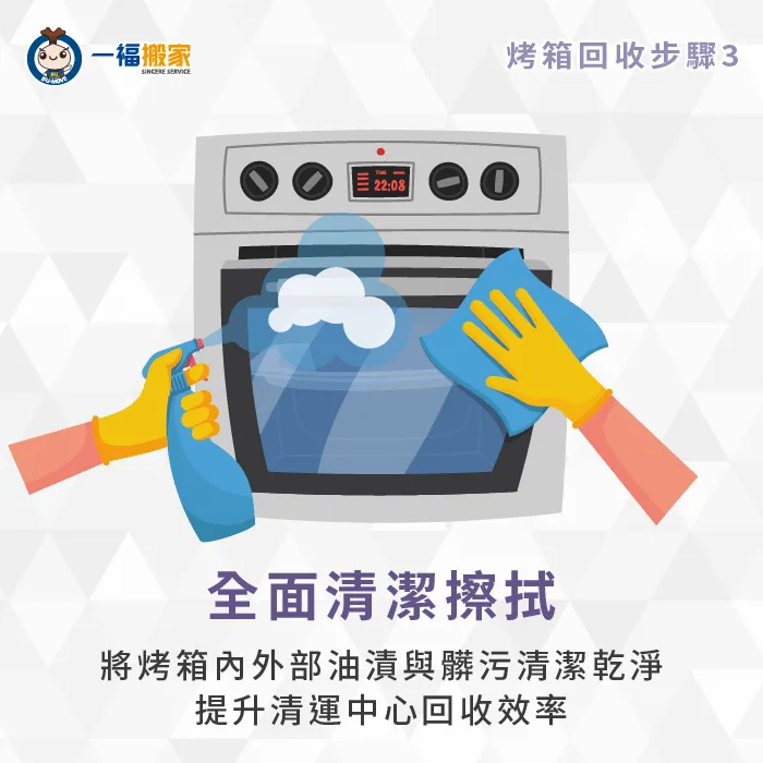 回收舊烤箱有哪些重點要留意?應事先將老舊機台擦拭乾淨,提高回收流程效率。 清潔擦拭舊烤箱-舊烤箱回收
