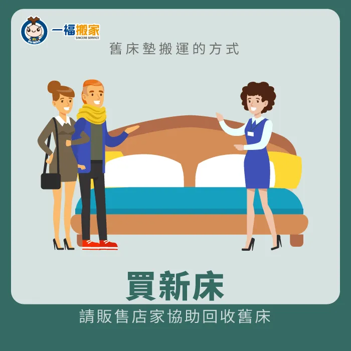 若是是購買新床的情形,可以請販售業者一併回收舊床喔 請販售床墊業者協助搬運-舊床墊搬運