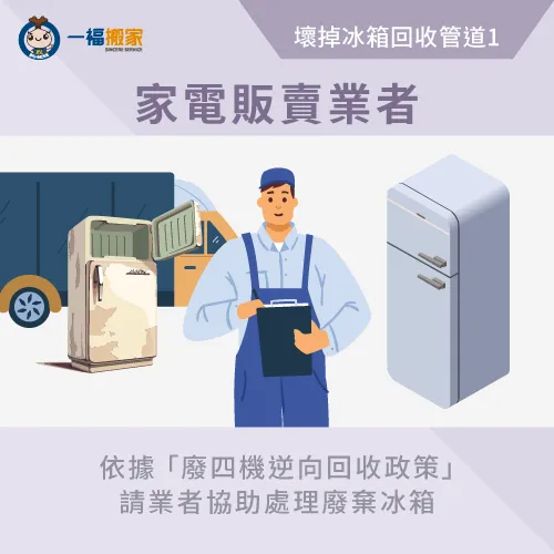 可藉由廢四機逆向回收政策,向家電販賣業者申請免費回收服務 家電販賣業者協助回收-壞掉的冰箱回收
