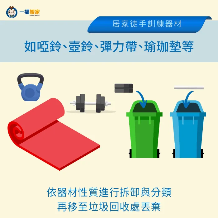 依徒手訓練器材性質與組成結構,妥善拆卸、分類後進行回收! 徒手訓練器材回收方式說明-二手健身器材回收-豐原廢棄物清運推薦