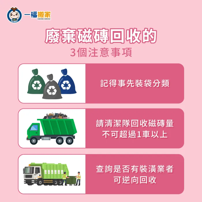 廢棄磁磚回收前記得要裝袋分類好,並確認清運量體是否在1車以內,如果有其他回收管道也可一併考量 廢棄磁處理注意事項-廢棄磁磚回收