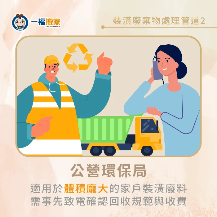 若想請環保局進行免費清運,建議提前3天以上預約會比較合適唷! 聯絡環保署清潔隊回收裝潢廢棄物-裝潢廢棄物如何處理