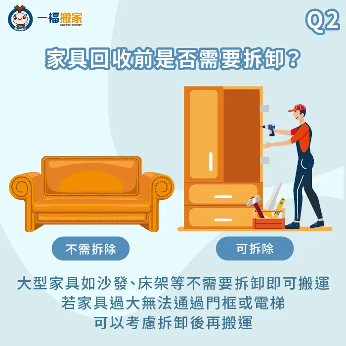 根據家具的類型和搬運需求,有些家具需要提前拆卸。搬家公司通常會提供拆卸服務,確保回收過程順利進行 搬家公司回收家具要拆卸嗎-搬家家具回收
