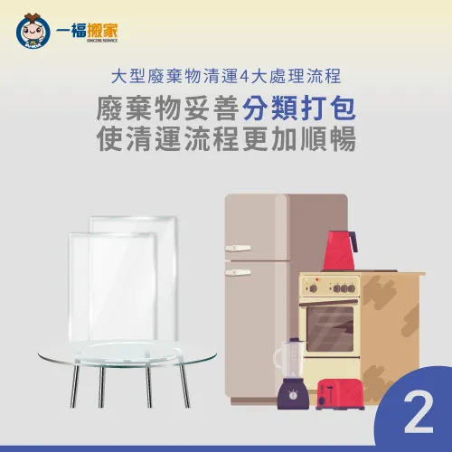 將廢棄物事先進行分類,使後續的清運流程更加快速! 進行廢棄物分類並妥善包裝防護-大型家具清運