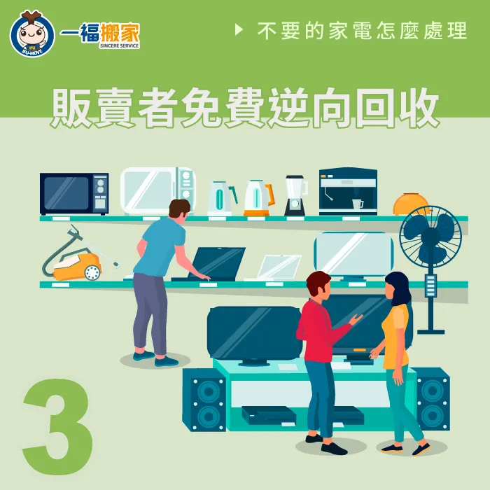 如果是因為購買了電視、冰箱、洗衣機、冷/暖氣機,可以與販售業者預約免費舊機回收服務 販售家電的店家-不要的家電怎麼處理-大里廢棄物清運