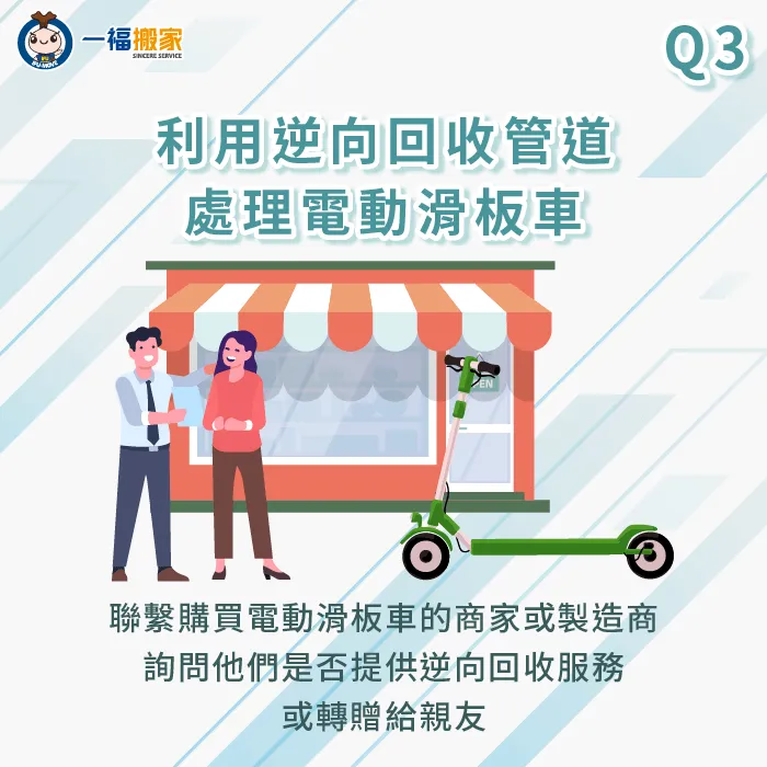 可以請滑板車廠商逆向回收,或轉贈親友也是一個選擇 逆向回收滑板車-電動滑板車回收