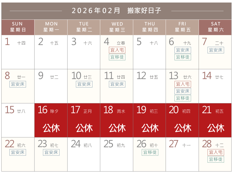 2026年2月搬家好日子,搬家公司推薦37年搬家經驗的一福搬家 搬家好日子-台中搬家公司推薦